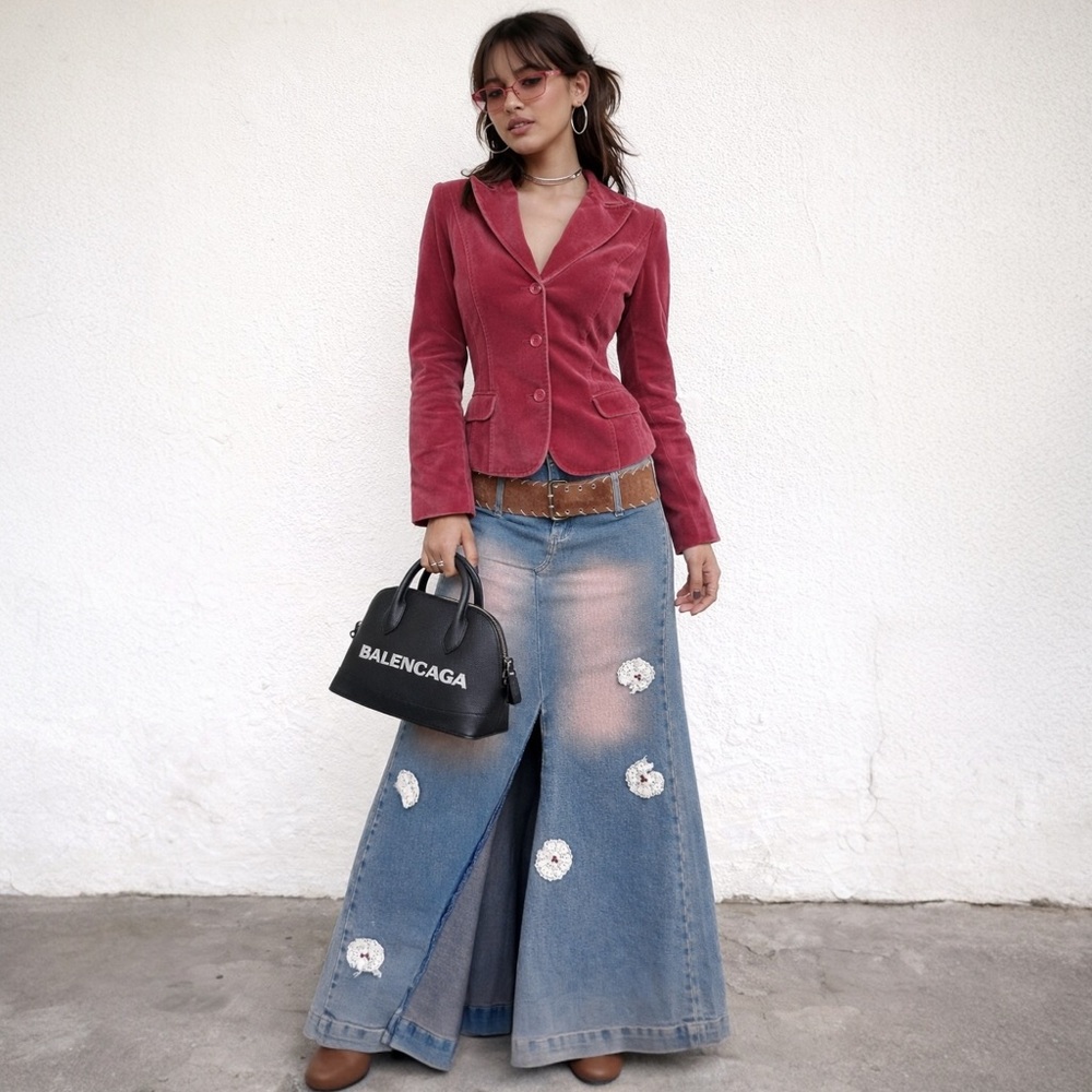 Vintage Y2K Denim Maxi Skirt w Floral Appliqué & Suede Belt Sz Medium